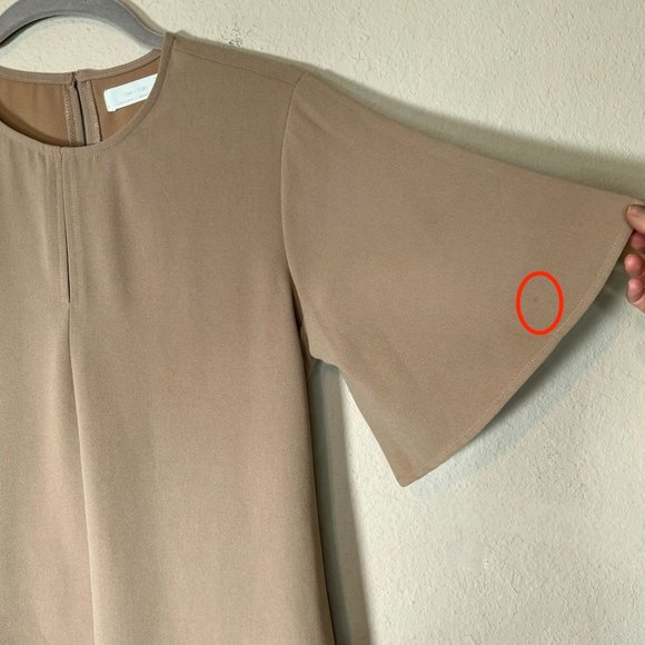 Oak + Fort Shift Dress Small Belted Flare Flutter Short Sleeve Tan Bohemian Flaw - Picture 4 of 9